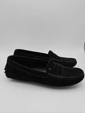 Tod's black suede Gommino driving shoes penny loafer size 37.5